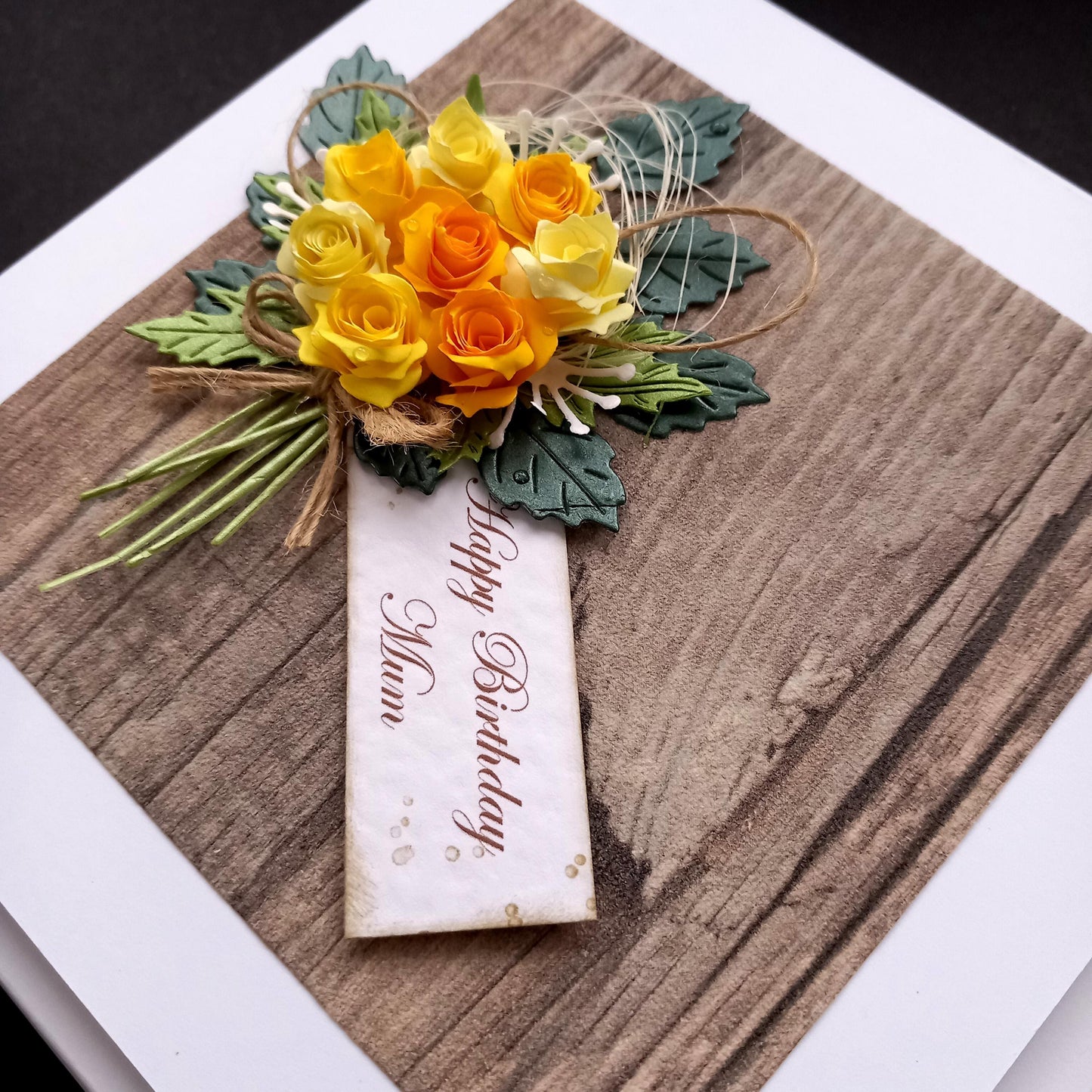 Handmade Luxury Birthday Card * Personalised * Boxed * 3D * Unique Rustic Style with Yellow Flowers Posy