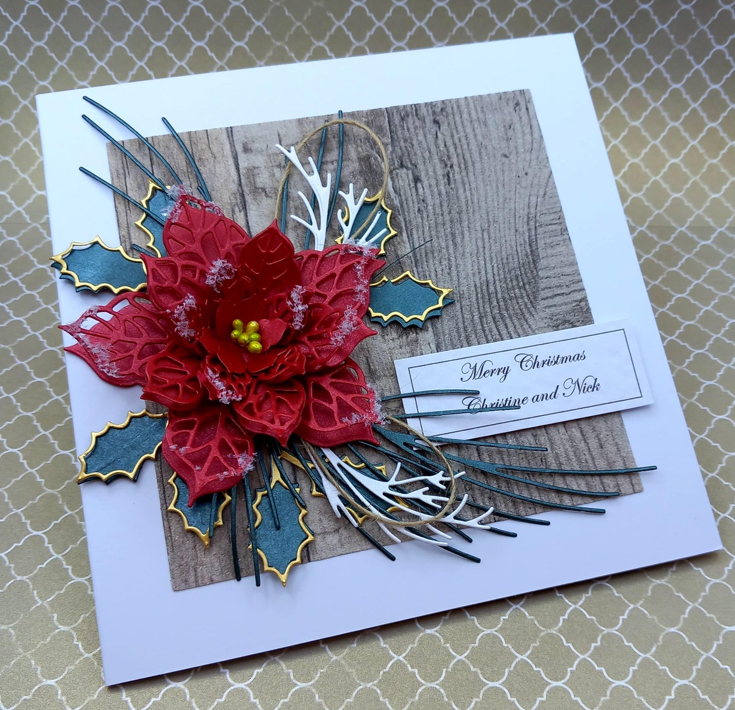 Handmade Luxury Christmas Card * Personalised * 3D * Boxed * Rustic Style with red poinsettia