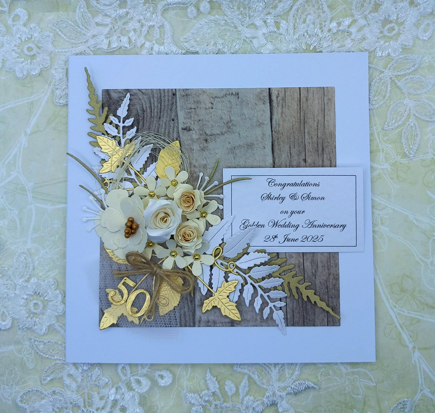 Unique, Handmade, Golden Wedding Anniversary Card * 50th * Personalised * 3D * Boxed * Rustic Style * Luxury