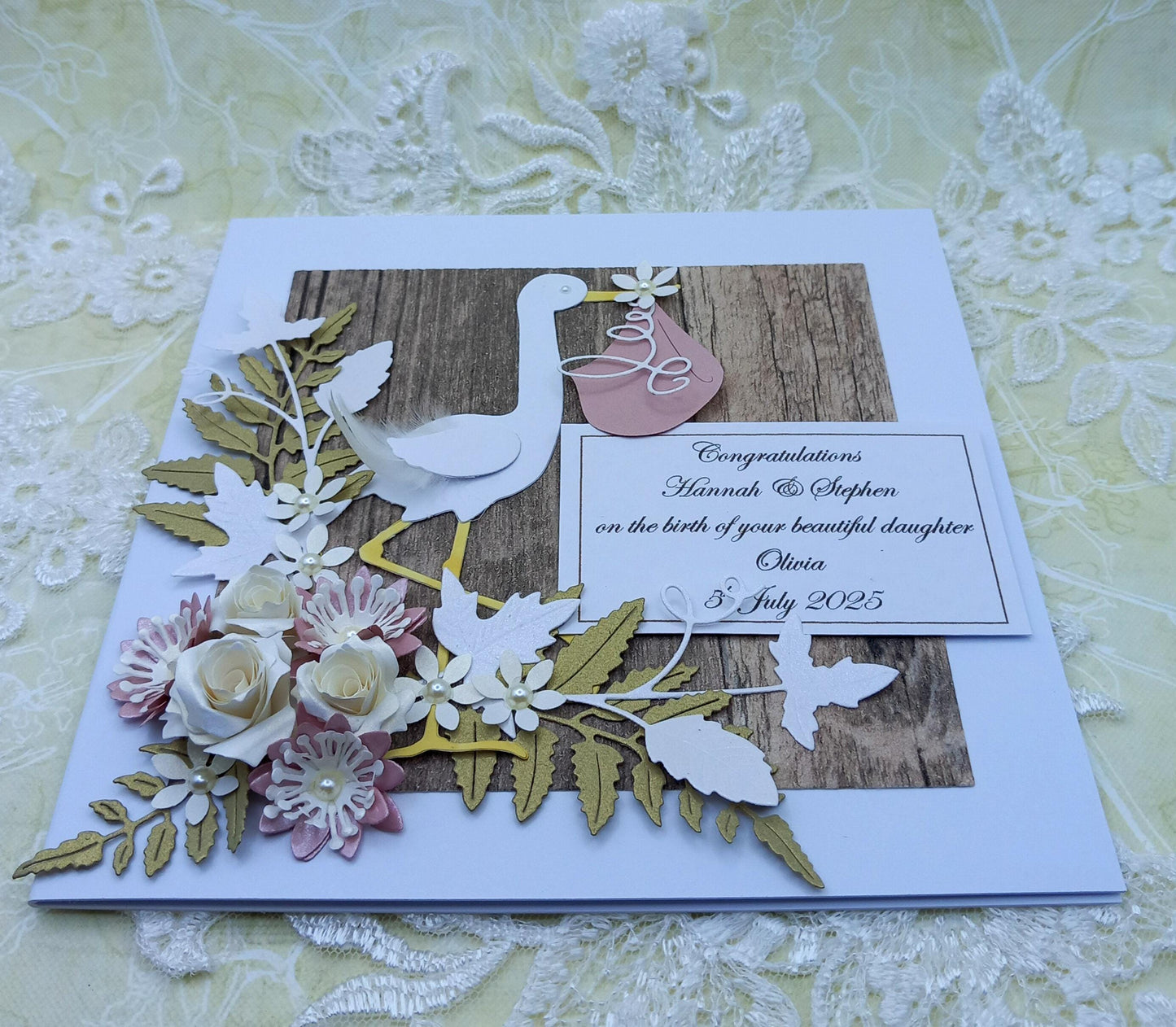 Unique, Handmade New / Birth of Baby Girl Card * Rustic Style * 3D * Personalised * Boxed * Luxury