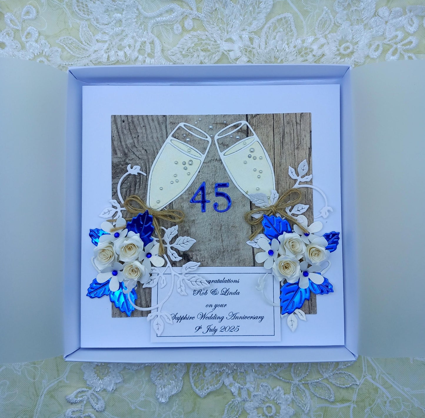 Unique, Handmade 45th  Sapphire Wedding Anniversary Card * 3D *  Boxed * Personalised * Rustic style * Luxury