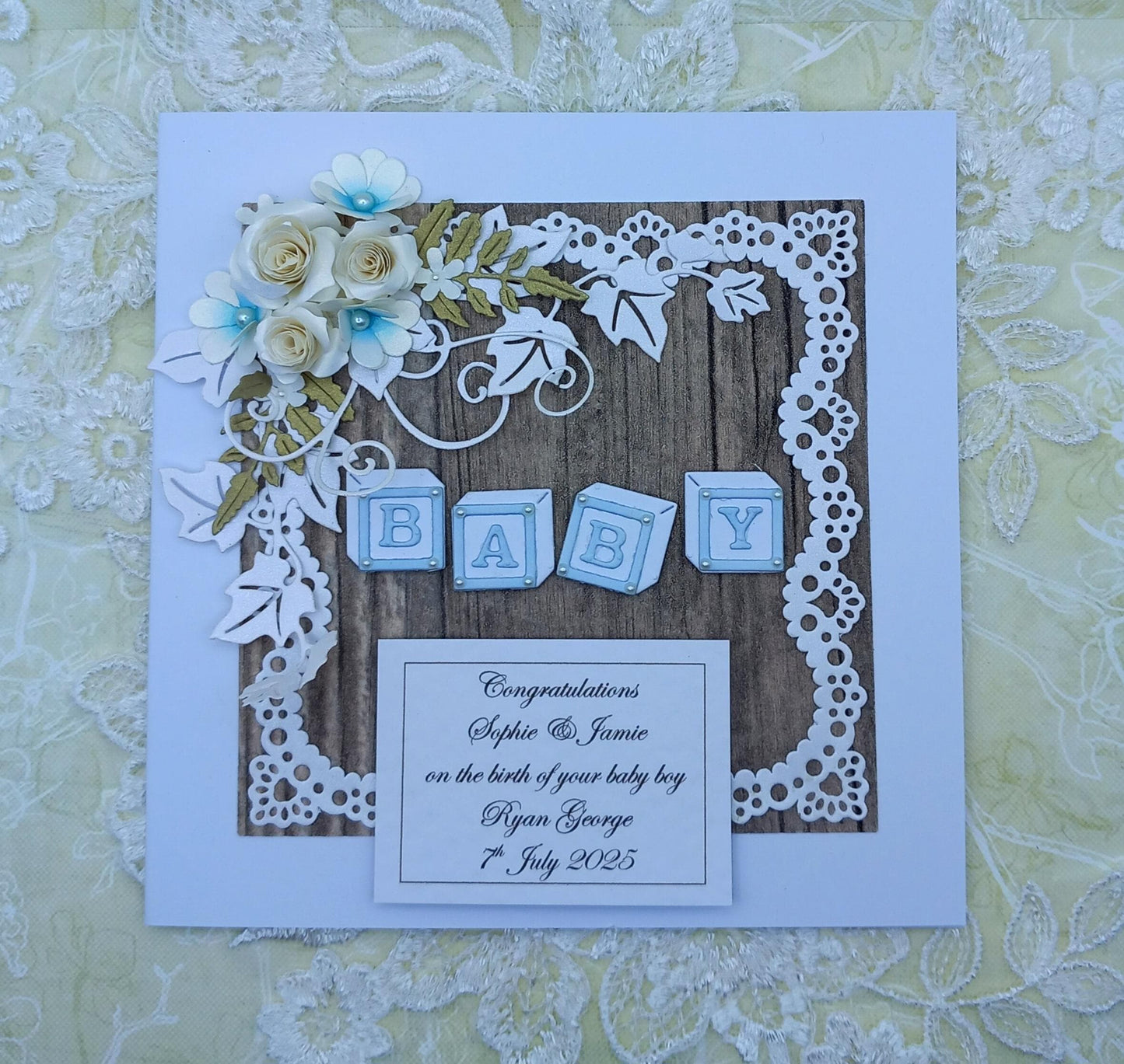 Unique, Handmade,  New / Birth of Baby Boy Card * 3D * Personalised * Boxed * Rustic Style * Luxury