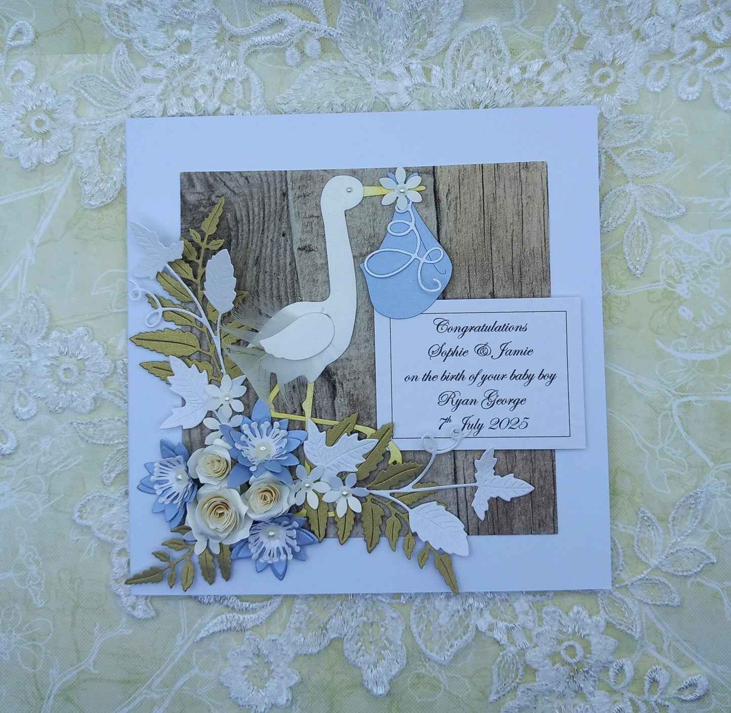 Unique, Handmade New / Birth of Baby Boy Card * 3D * Personalised * Boxed * Rustic Style * Luxury