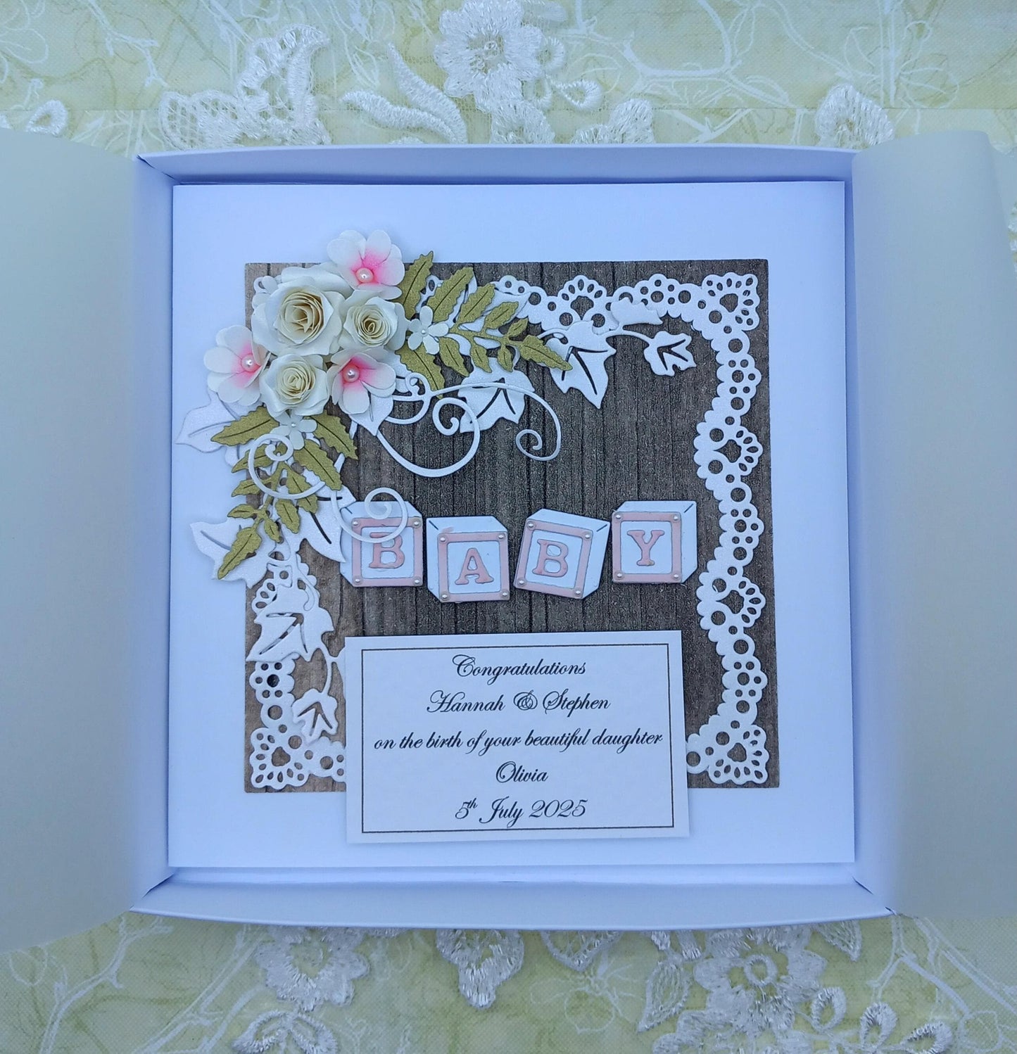 Unique, Handmade New / Birth of Baby Girl Card * Rustic Style * 3D * Personalised * Boxed * Luxury