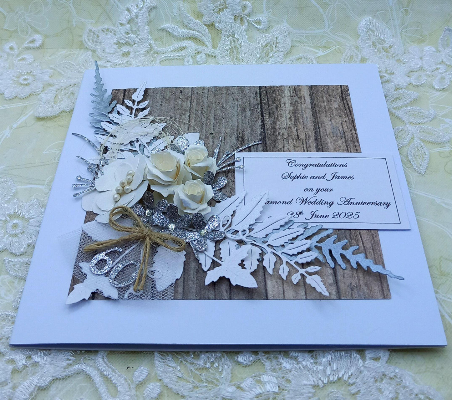 Unique, handmade  Diamond Wedding Anniversary, 60th, card * 3D * Boxed * Personalised * Rustic style * Luxury