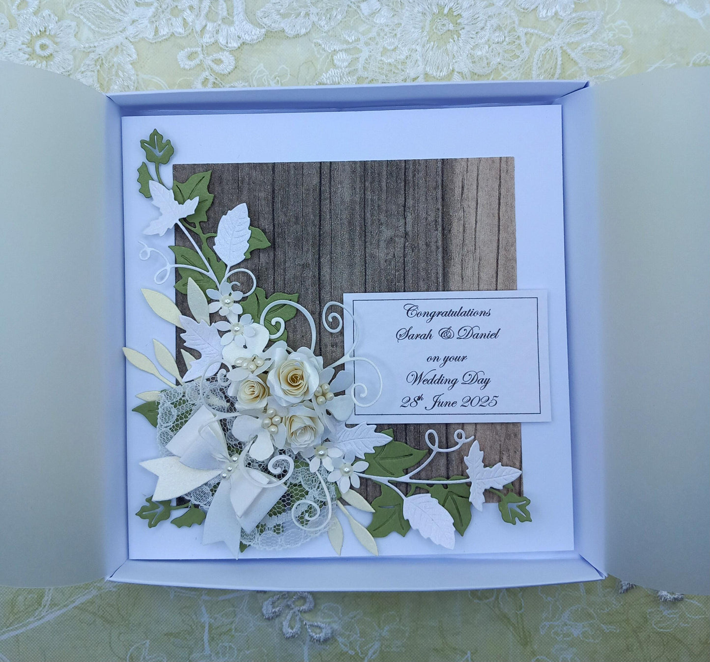 Unique, Handmade Wedding Day / Anniversary / Engagement  card * 3D *  Personalised * Boxed * Rustic Style / Luxury