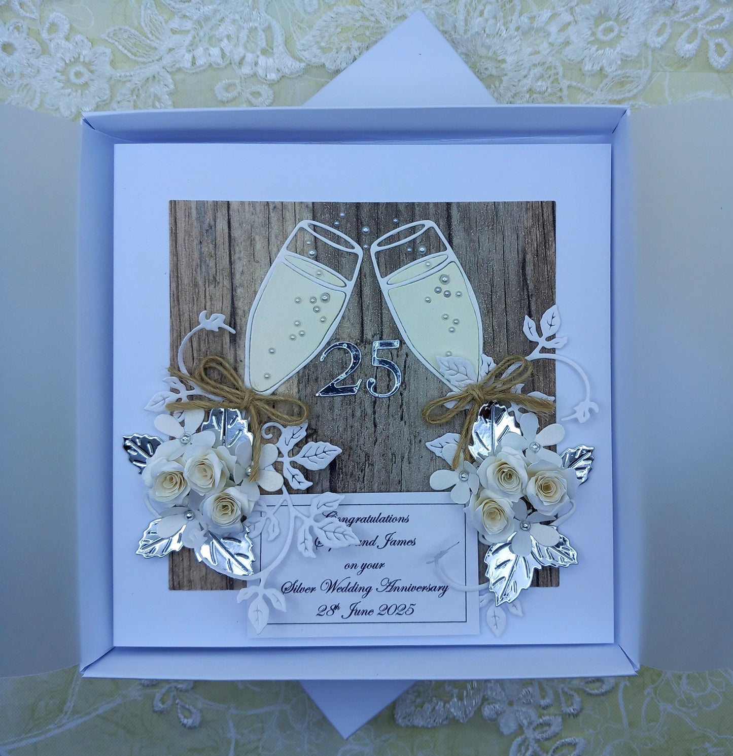 Unique, Handmade Silver Wedding [ 25th ] Anniversary Card * 3D * Personalised * Boxed * Rustic Style * Luxury