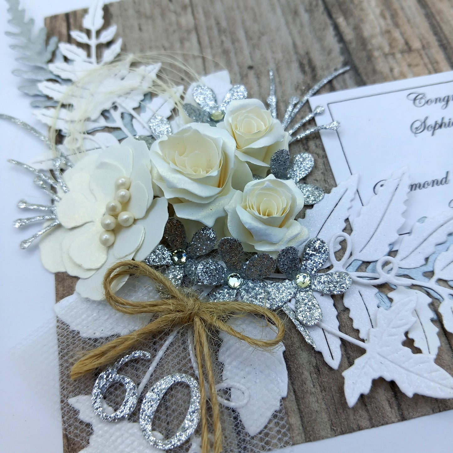 Unique, handmade  Diamond Wedding Anniversary, 60th, card * 3D * Boxed * Personalised * Rustic style * Luxury