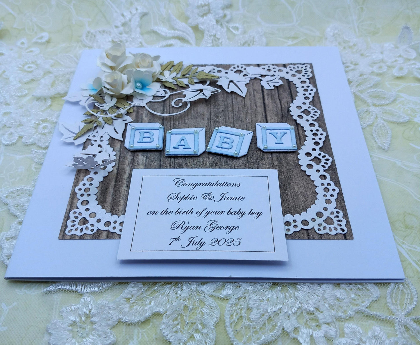 Unique, Handmade,  New / Birth of Baby Boy Card * 3D * Personalised * Boxed * Rustic Style * Luxury