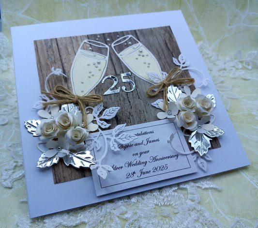 Unique, Handmade Silver Wedding [ 25th ] Anniversary Card * 3D * Personalised * Boxed * Rustic Style * Luxury
