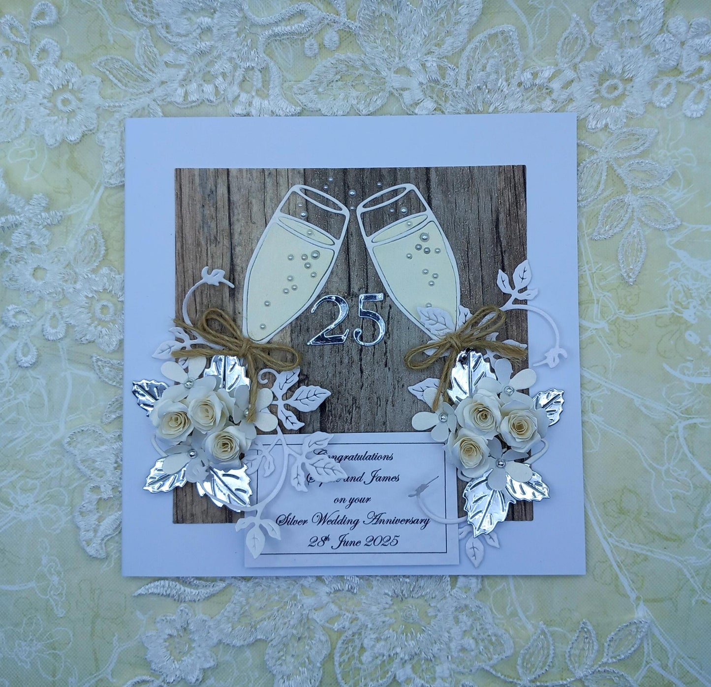 Unique, Handmade Silver Wedding [ 25th ] Anniversary Card * 3D * Personalised * Boxed * Rustic Style * Luxury