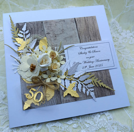 Unique, Handmade, Golden Wedding Anniversary Card * 50th * Personalised * 3D * Boxed * Rustic Style * Luxury
