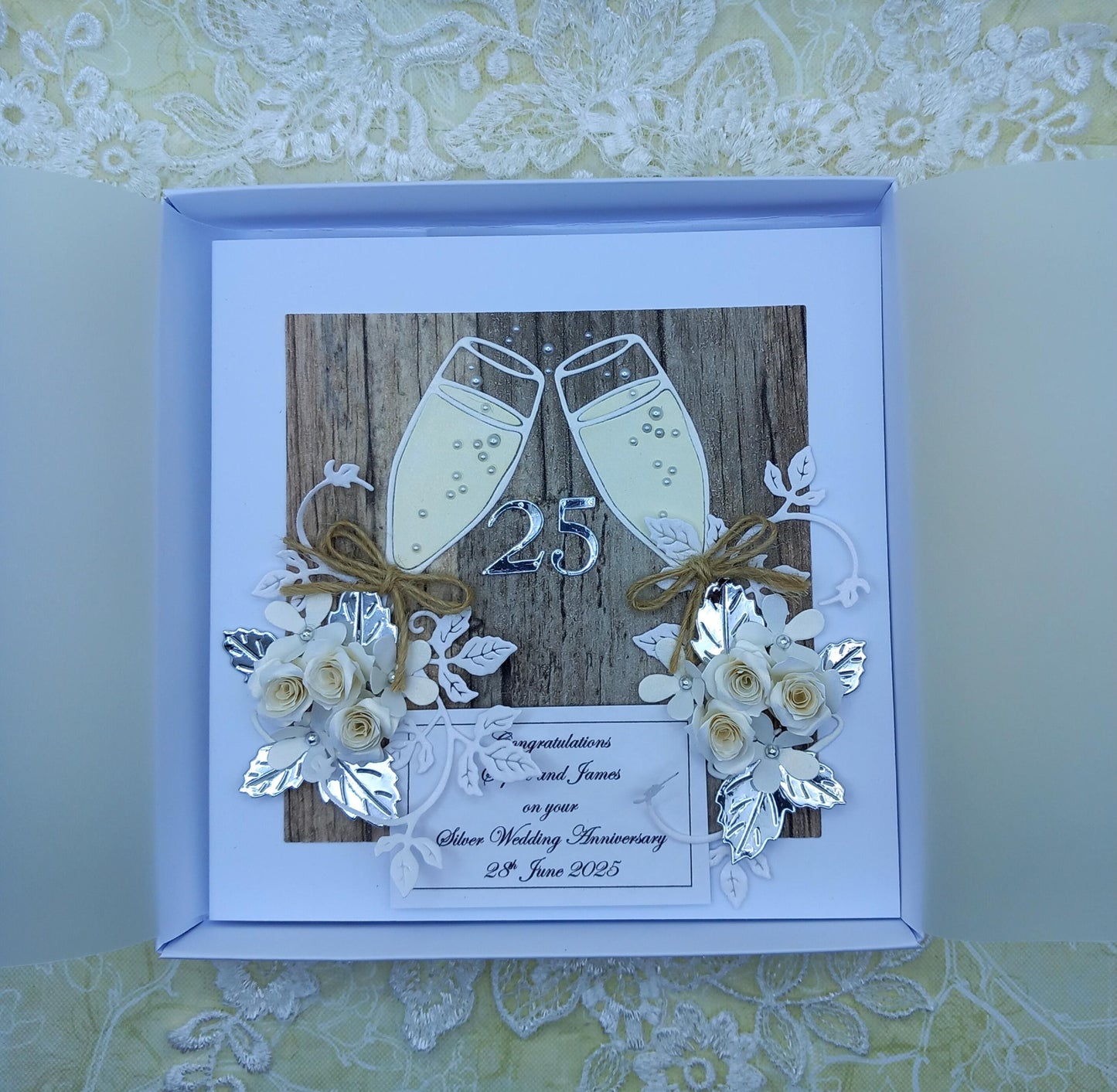 Unique, Handmade Silver Wedding [ 25th ] Anniversary Card * 3D * Personalised * Boxed * Rustic Style * Luxury