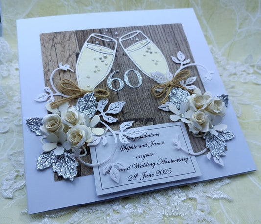 Unique, Handmade,  Diamond Wedding Anniversary * 60th * Card * 3D * Boxed * Personalised * Rustic style * Luxury