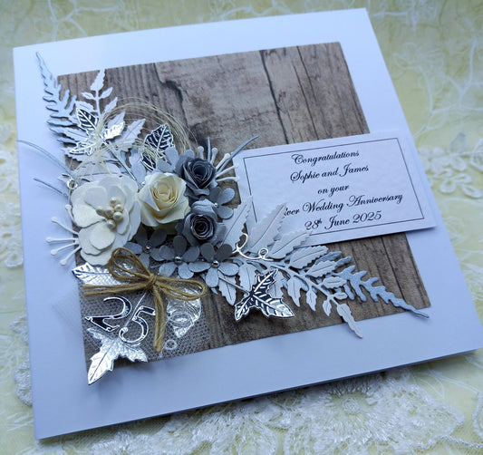 Unique, Handmade, 25th / Silver Wedding [ Anniversary Card * 3D * Personalised * Boxed * Rustic Style * Luxury
