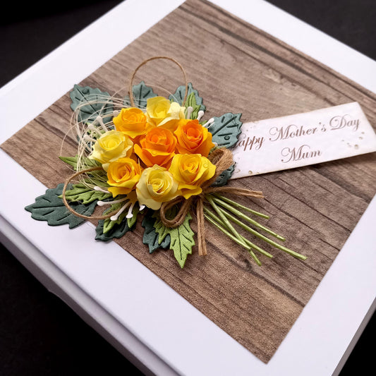 Handmade Luxury Birthday Card * Personalised * Boxed * 3D * Unique Rustic Style with Yellow Flowers Posy