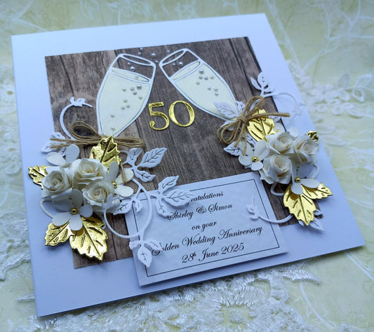 Unique, Handmade, Golden Wedding Anniversary Card * 50th * Personalised * 3D * Boxed * Rustic Style * Luxury