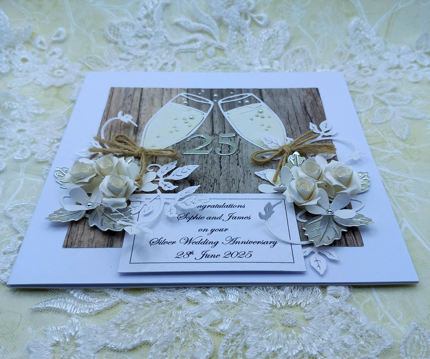 Unique, Handmade Silver Wedding [ 25th ] Anniversary Card * 3D * Personalised * Boxed * Rustic Style * Luxury