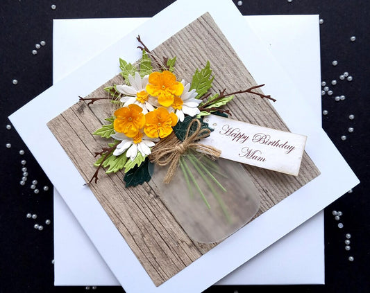 Handmade Luxury Birthday Card * Personalised * Boxed * 3D * Unique Rustic Style with Buttercups and Daisies