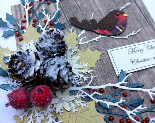 Handmade Luxury Christmas Card * Personalised * 3D * Boxed * Rustic Style with cones.